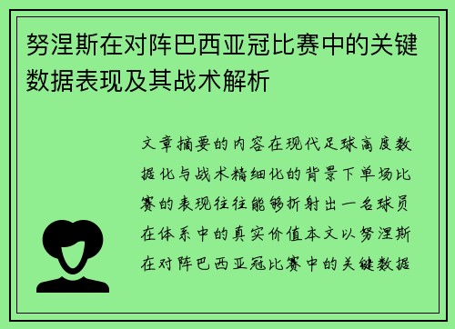 努涅斯在对阵巴西亚冠比赛中的关键数据表现及其战术解析